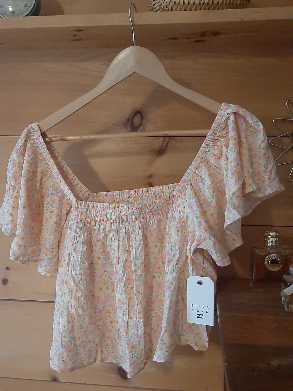 Billabong Pastel Floral Smocked Square-Neck Blouse